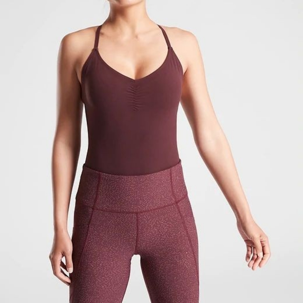Athleta Avant bodysuit M leotard burgundy Powervita strappy open back